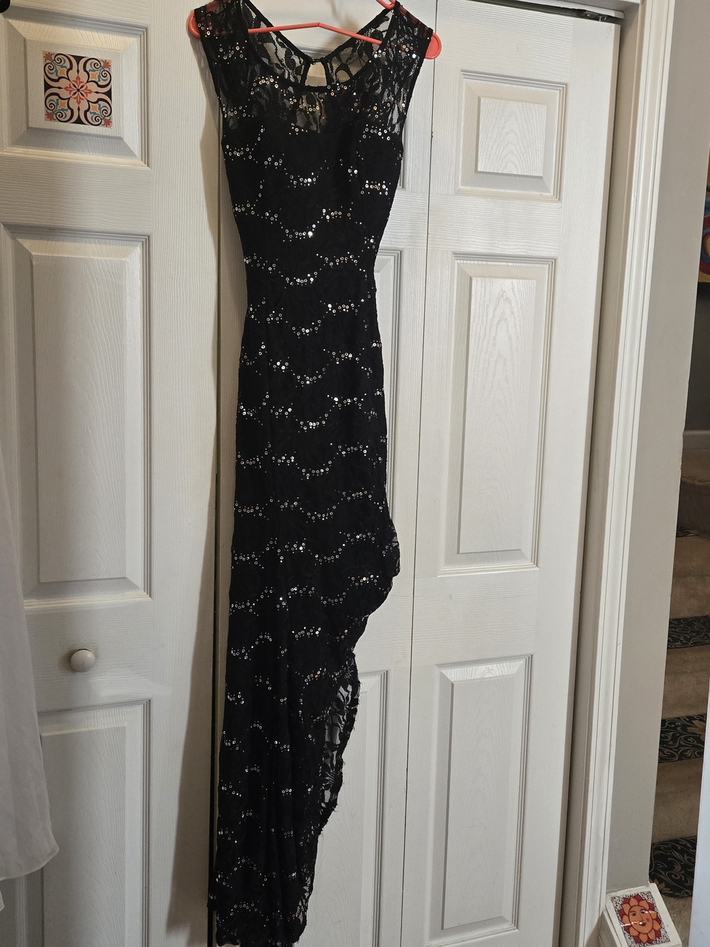 NWOT: NEVER WORN My Michelle Black Lace Asymmetrical Sequin Evening Dress